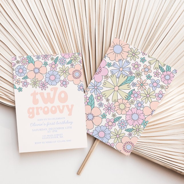 Dois convites de aniversário Groovy Retro Floral 2 (Criador carregado)