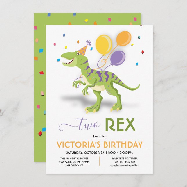 Dois Convites de aniversário Rex Dinossauro (Frente/Verso)