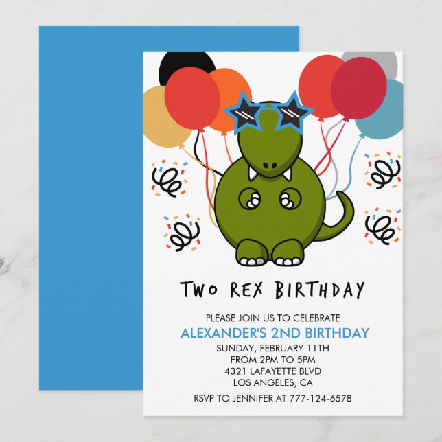 Dois convites de aniversário rex Divertido dino fo (Frente/Verso)
