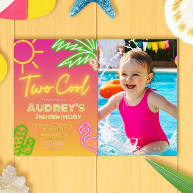 Dois Convites de festas Legal de Piscina Neon com  (Two Cool Neon Pool Party Landscape Invitation with Photo Picture
)