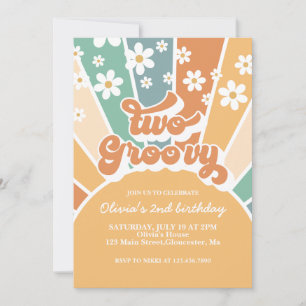 Dois Convites Groovy Retro Sunshine Rainbow Daisy