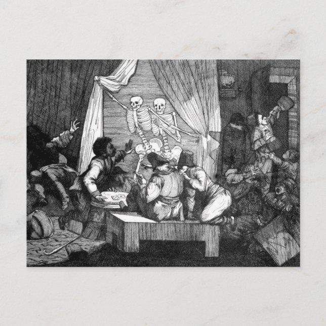 Dois esqueletos inserem um cartão postal de bar (Frente)