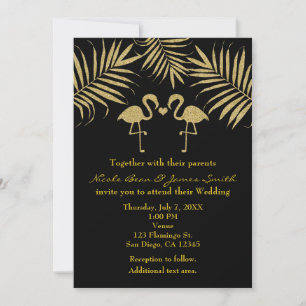 Dois Flamingos Amam Convites Preto e Dourado