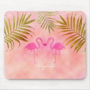 Dois Flamingos Rosa Aquarela Mouse Pad Tropical