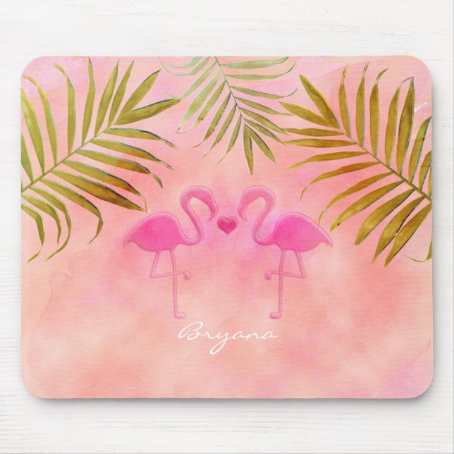 Dois Flamingos Rosa Aquarela Mouse Pad Tropical (Frente)