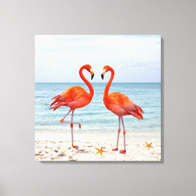 Dois Flamingos Rosa Vibrantes na Canvas de Praia (Frente)