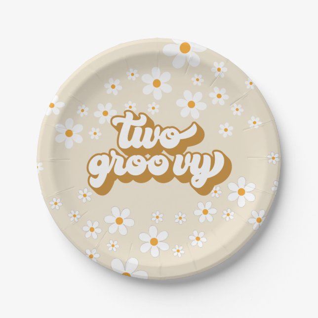 Dois Groovy Retro Daisy Pratos de Papel de 2º Aniv (Frente)