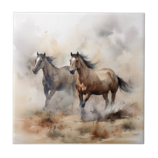 “Dois Mustangs Selvagens” Aquarela Ocidental Empoe