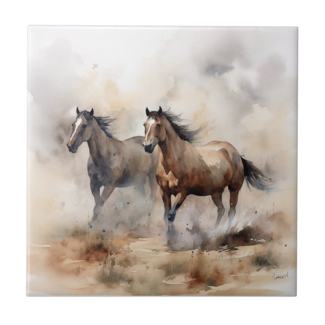 “Dois Mustangs Selvagens” Aquarela Ocidental Empoe (Frente)