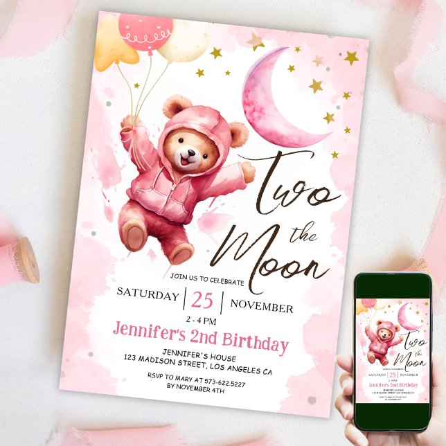 DOIS na Lua | Convite de 2º Aniversário Menina Ros (Criador carregado)