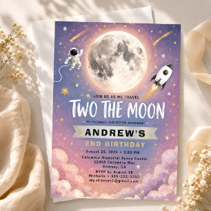 Dois Para a Lua Convite de Aniversário Roxo Dourad