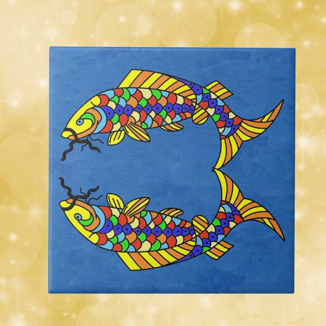Dois peixes Abstrato brilhantes de azul profundo (Two fancy fish with scales in  bright bold multiple colours on dark blue decorative ceramic tile.)
