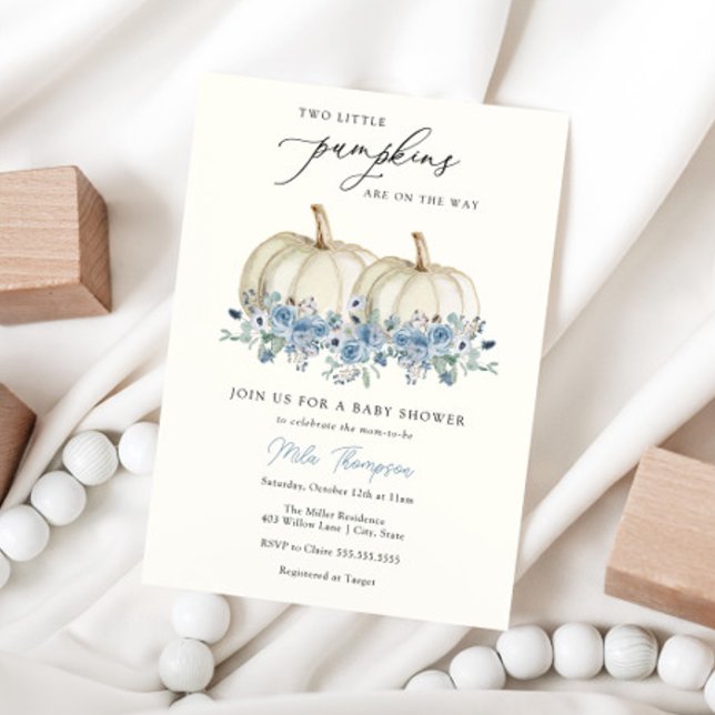 Dois Pequenos Pumpkins Chá de fraldas Azul Convite (Criador carregado)