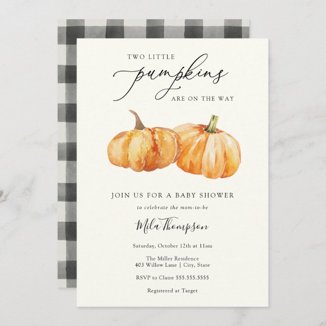 Dois Pequenos Pumpkins Twin Chá de fraldas Convite (Frente/Verso)