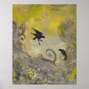 Dois Ravens na Poster de Abstrato de Arte Amarela