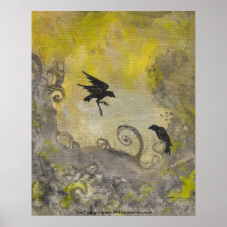 Dois Ravens no Smokey Yellow Abstrato Art Poster