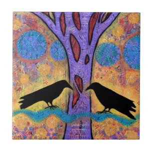 Dois Ravens Sentados e Refletem no Azulejo de Cer