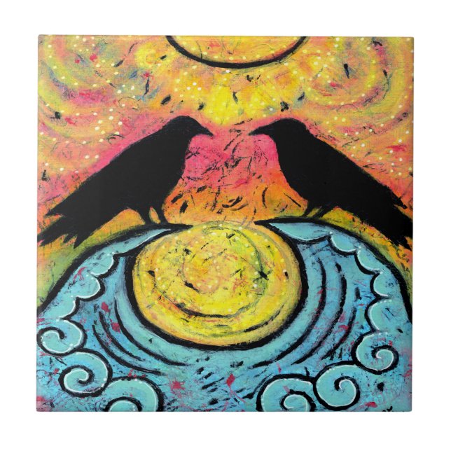 Dois Ravens Sentados e Refletem no Azulejo de Onda (Frente)