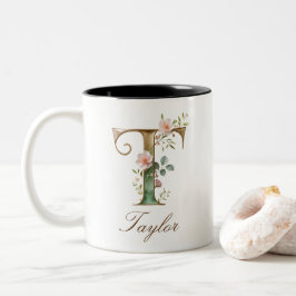 Dois Tons Caneca de Café de Duas Cores com Inicial Floral em