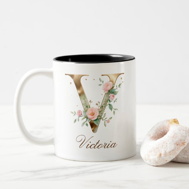 Dois Tons Caneca de Café Luxo Dourado Floral Inicial V em Do (Com Donut)