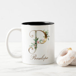 Dois Tons Caneca de Café Luxuosa com Floral e Inicial P em D