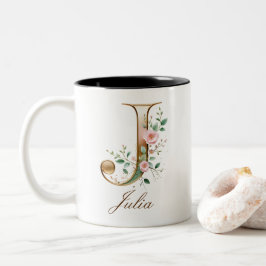 Dois Tons Caneca de Café Luxuosa com Inicial J em Dourado e