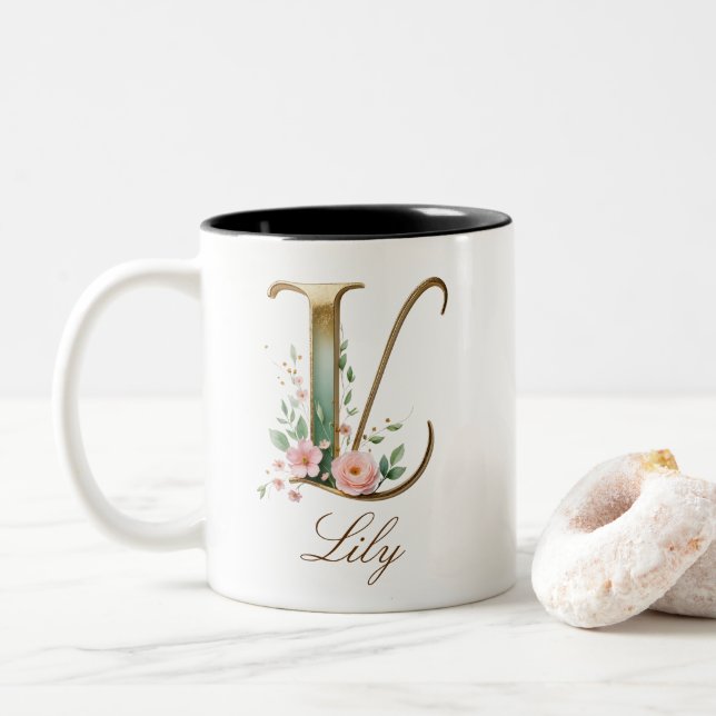 Dois Tons Caneca de Café Luxuosa com Inicial L em Dourado Fl (Com Donut)