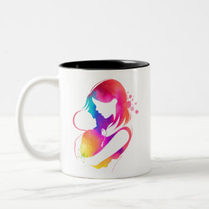 Dois Tons Caneca de Café Mãe e Bebê em Aquarela Colorida
