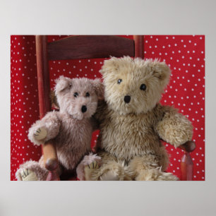 dois ursos peludos num poster de cadeira vermelha