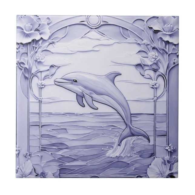 Dolphin Art Nouveau Faux Alivio Azul e Branco Esqu (Frente)