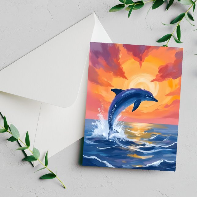 Dolphin Leap Sunset Watercolor Ocean Painted Card (Criador carregado)