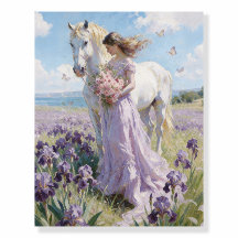 Donzela Vintage com Cavalo Branco em Campo de Íris