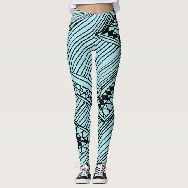 Doodle 1A Black Aqua Blue Leggings (Frente)
