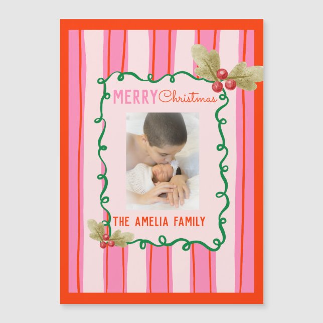  Doodle Christmas Pink Red Border Photo Holiday  (Frente)