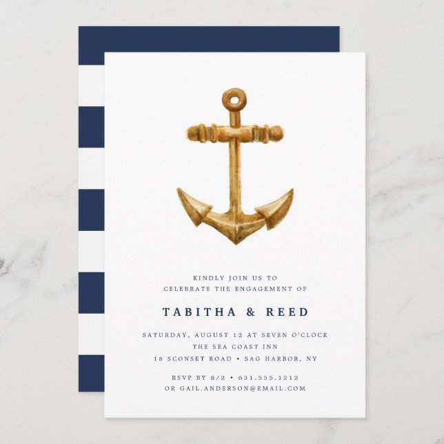 Dourada Âncora | Convite de festa de noivado (Frente/Verso)