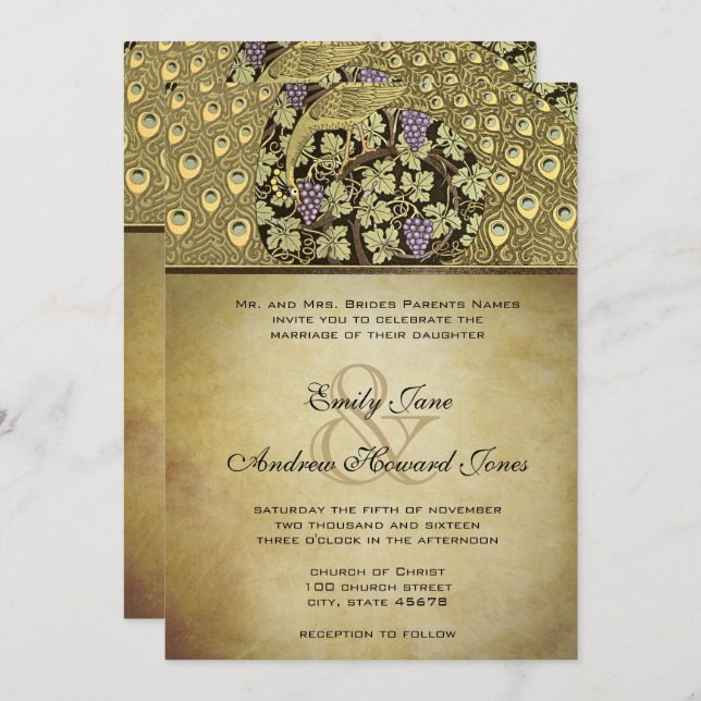 Dourada Art Nouveau Pássaros Peacock Convite Para  (Frente/Verso)