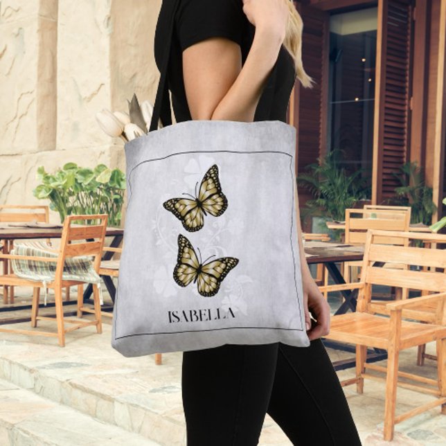 Dourada borboleta Floral Personalizada Tote Bag (Gold Butterfly Floral Personalized Tote Bag)