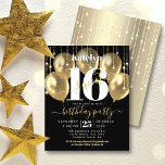 Dourada brilhante 16 Balões Doce 16 Convidam<br><div class="desc">"Feliz Doce 16". Envie este convite de festas maravilhoso, simples, festivo, moderno, personalizado para um evento a se lembrar. . A tipografia branca e a escrita manuscrita dourada ocultam balões de ouro e luzes de cordas brilhantes douradas sobre um fundo preto sofisticado. Personalize o texto personalizado com o nome da...</div>
