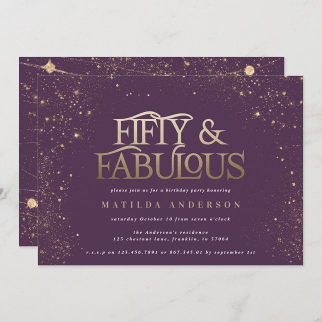 Dourada brilho roxo 50 e festa de aniversário fabu (Frente/Verso)
