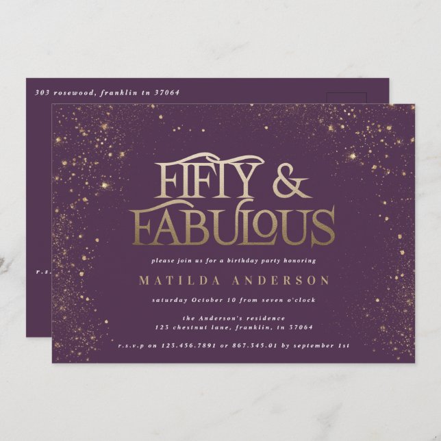 Dourada brilho roxo 50 e festa de aniversário fabu (Frente/Verso)