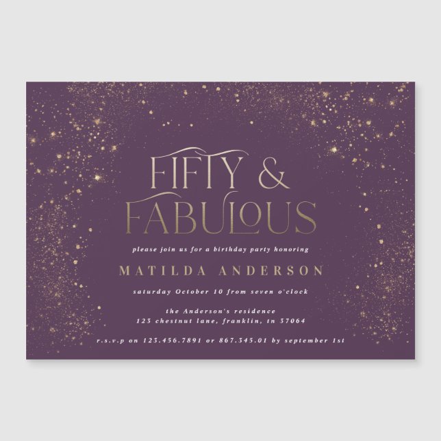 Dourada brilho roxo 50 e festa de aniversário fabu (Frente)