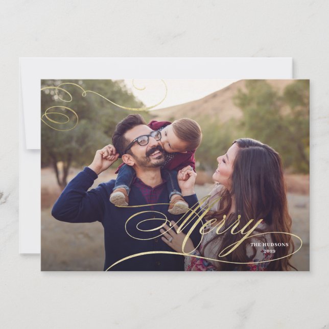 Dourada caligrafia Grande Foto Feliz Cartão de Nat (Frente)