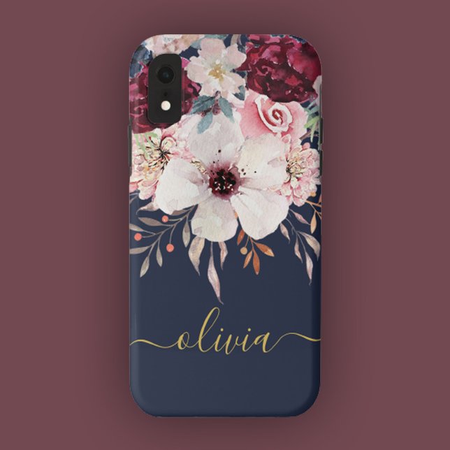 Dourada capas de iphone Floral Rosa Blush (Beautiful Watercolor Floral Design. Personalize with Your Elegant Custom Name.)