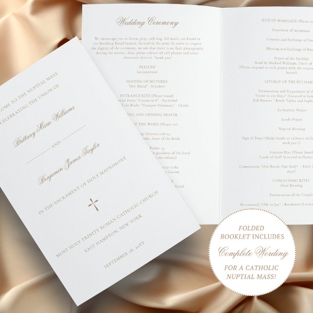 Dourada cerimônia de núpcias católica com programa (Catholic wedding ceremony program for a nuptial Mass in antique gold)