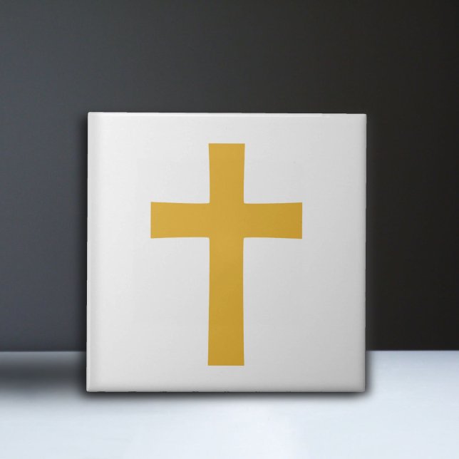 Dourada Cruz em Branco (Gold Cross on White Ceramic Tile)