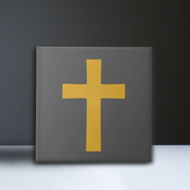 Dourada Cruz em Preto (Gold Cross on Black Ceramic Tile)
