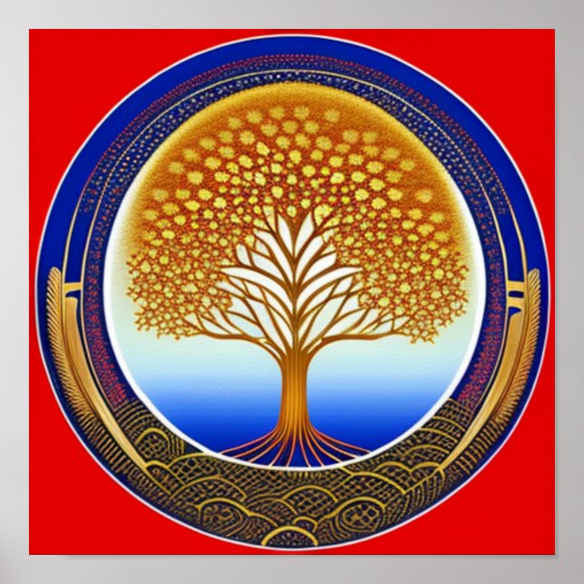 Dourada e Cyan Tree of Life Poster (Frente)