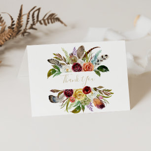 Dourada Feather Boho Dobrou Cartões de agradecimen