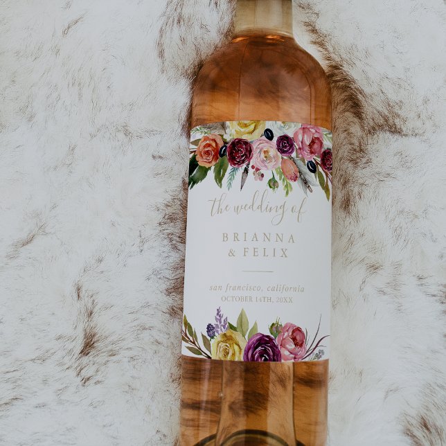 Dourada Feather Boho Rótulos de Vinho Tropical Cas (Criador carregado)