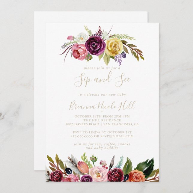 Dourada Feather Boho Sip Tropical e Veja Convite (Frente/Verso)